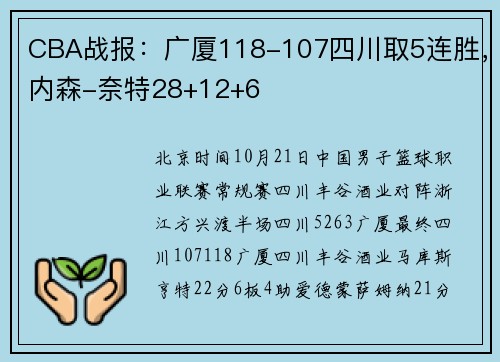 CBA战报：广厦118-107四川取5连胜，内森-奈特28+12+6